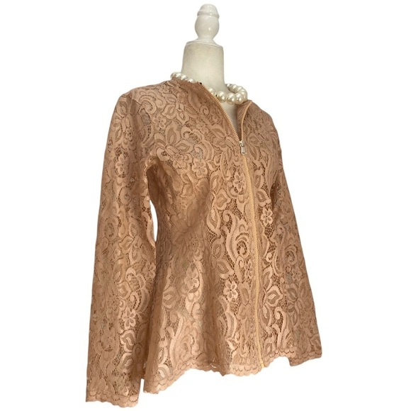 Josie Natori Lacquer Nude Lace Top NWT Zip front Semi Sheer Peplum - Picture 8 of 11